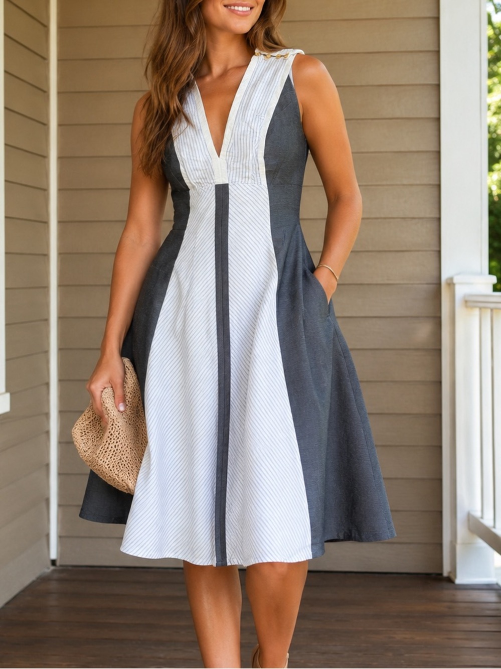 Marchesa Voyage Linen Silk Fit & Flare Midi Dress Blue White Striped Size 12